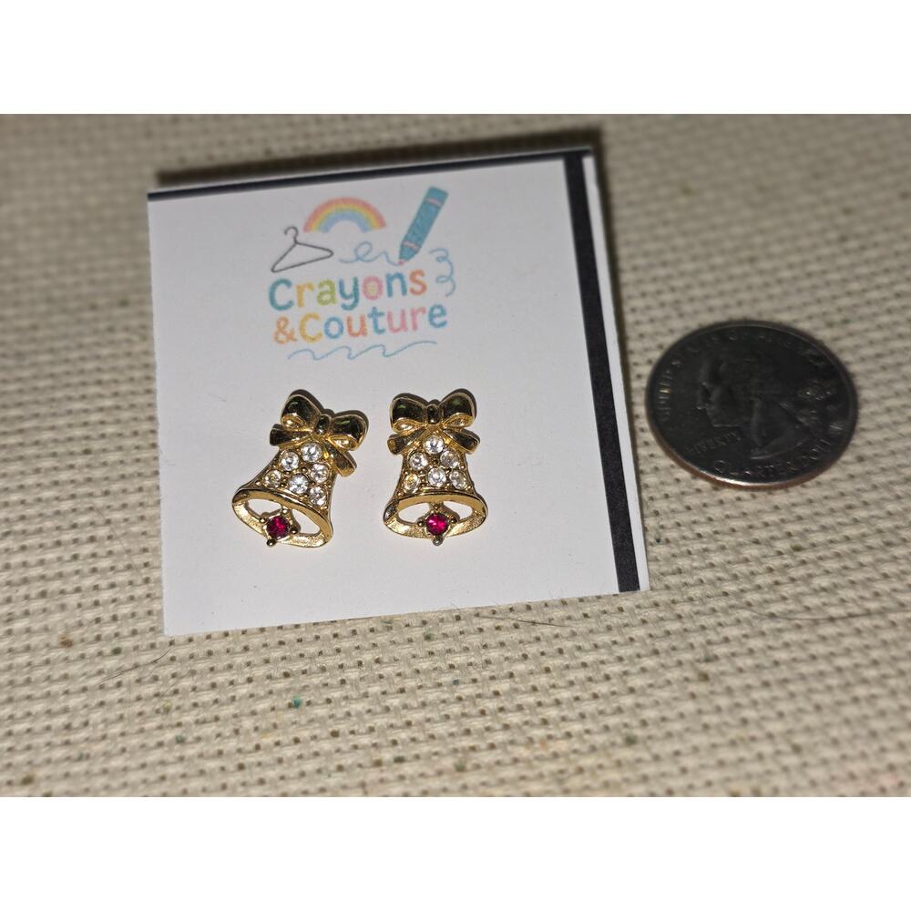 Avon Gold Tone Bell Peirced Earrings Christmas Sparkling Wedding Holiday Red